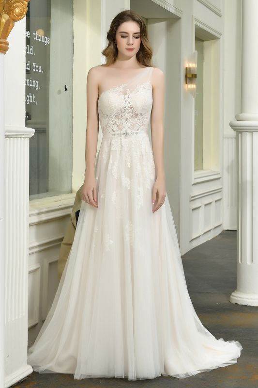 Elegant One Shoulder A-line Wedding Dress Lace Appliques