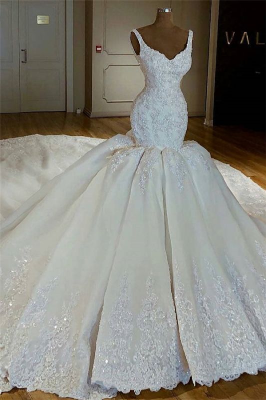 Sexy Mermaid Beads Appliques  Wedding Dresses | Straps Mermaid Lace Bridal Gowns with Cathedral Train