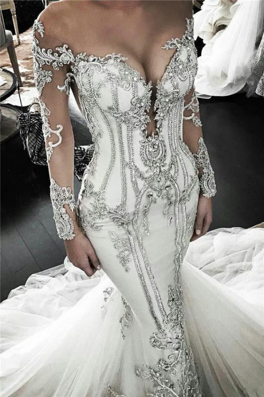 Apliques de la vendimia sirena vestidos de novia | Fuera del hombro mangas largas vestidos de novia
