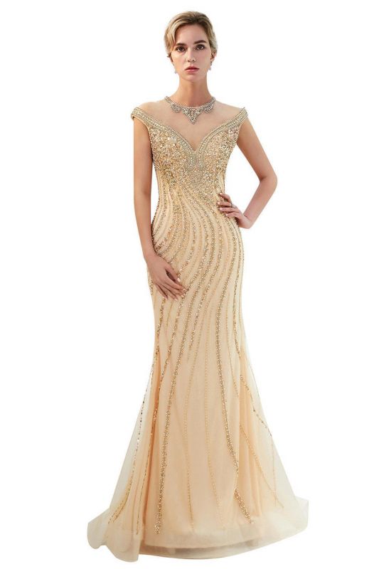 Floor Length Sleeveless Mermaid Golden Beading Evening Gowns