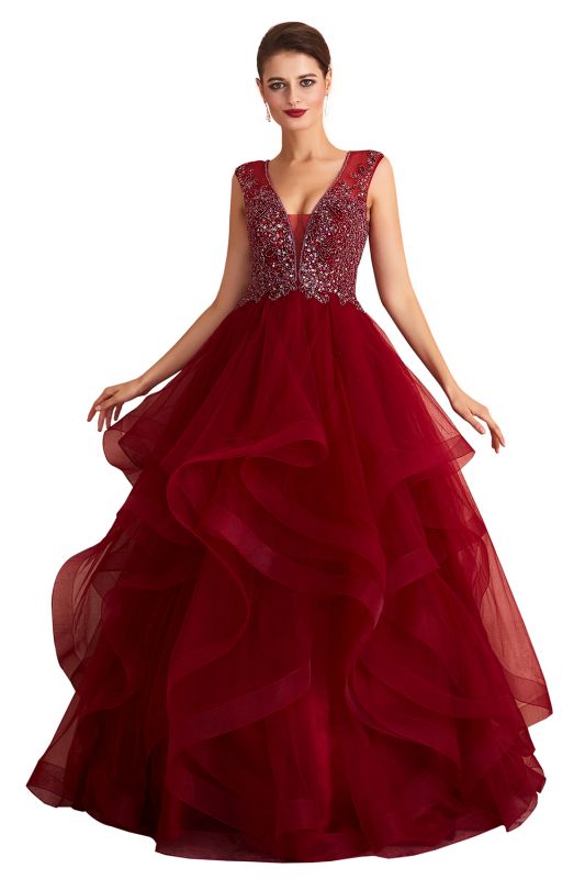 Incroyable Deep V-Neck Burgundy Layers Tulle Robe de soirée longue Sparkly Beadings Sequins Party Dress