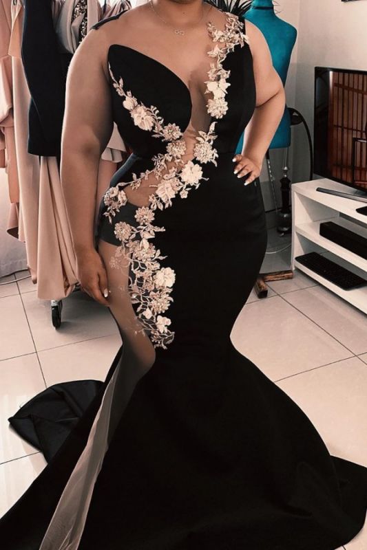 Sexy Sheer Tulle Plus Size Prom Dresses with Flowers | Mermaid Sleeveless Black Evening Gowns