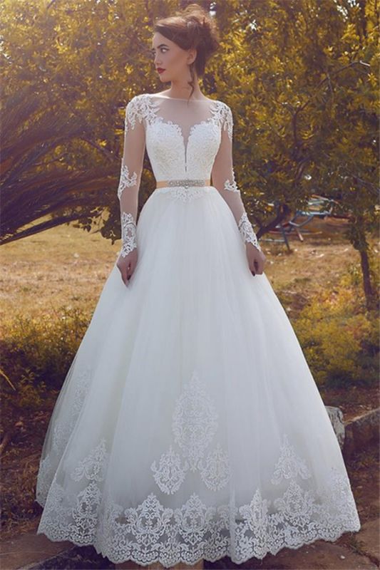 Glamorous Lace Appliques Long Sleeve Wedding Dresses | Fluffy Tulle Elegant A-Line Bridal Gowns