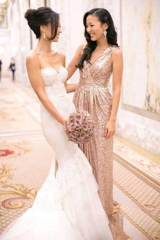ELSA | A-line Sleeveless Floor-length V-neck Sequins Prom Dresses