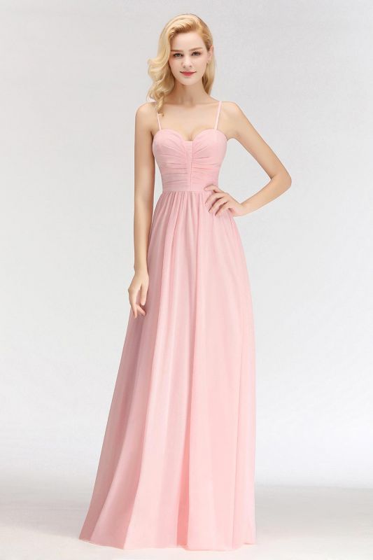 Simple A-line Spaghetti-Strap Floor-length Sleeveless Chiffon Pink Zipper Bridesmaid Dress