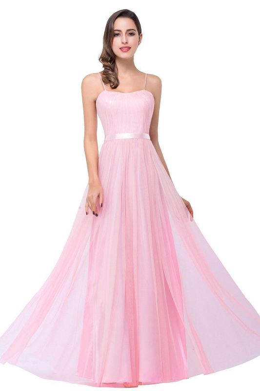 Simple Spaghetti-Straps Ruffles A-Line Pink Open-Back Evening Dress