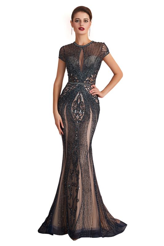 Glamouröses schwarzes Meerjungfrau-Abschlussballkleid mit kurzen Ärmeln und Schlüsselloch, langes Abendkleid