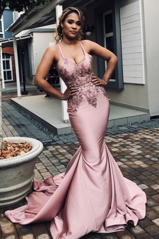 Spaghetti Straps Mermaid Pink Prom Dresses | Beads Appliques Open Back Sexy Evening Gowns