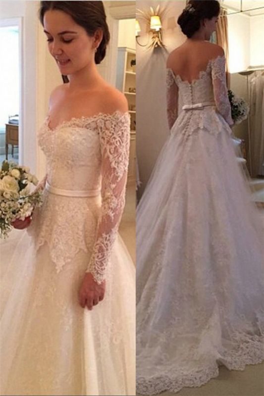 Court Train Long Sleeve Bridal Gowns  | New Arrival Lace Off The Shoulder Wedding Dresses
