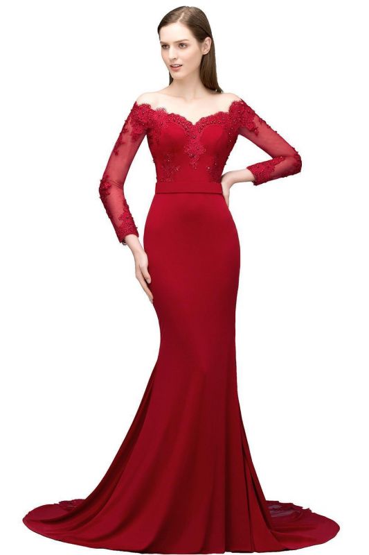 JOYCE | Mermaid Floor Length V-neck Off-shoulder Long Sleeves Appliqued Prom Dresses