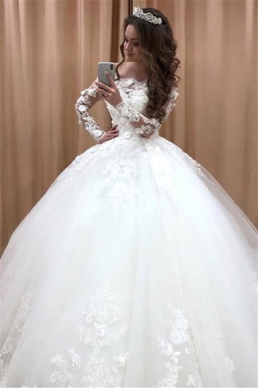 Glamorous Off Shoulder Long Sleeves Wedding Dresses | Lace Flowers Bridal Ball Gown 2021