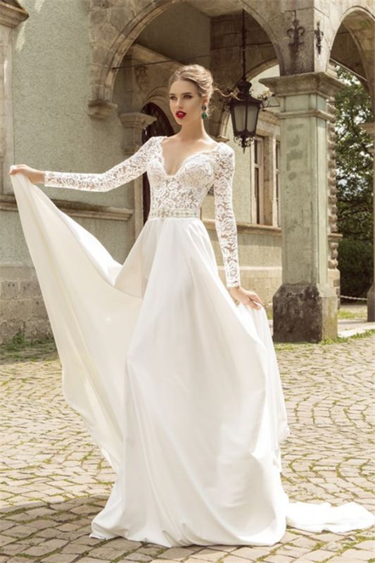 Noble Lace Long Sleeves Bridal Dress Deep V Neck Chiffon Vintage Wedding Dress