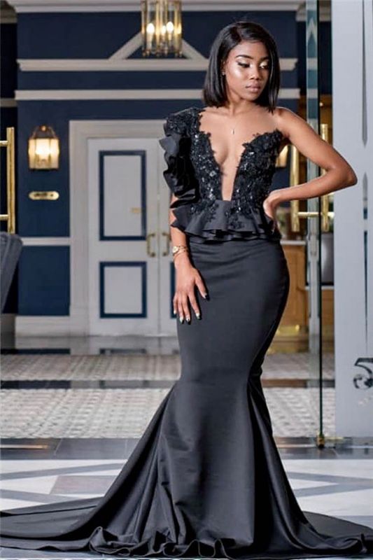 Appliques Black Prom Dresses with Court Train | Mermaid Sexy Sheer Tulle Evening Gowns