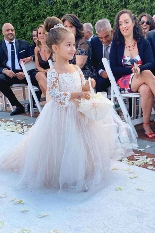 Princess Flower Girls Dress Tulle Long-Sleeve Lace Gown Romantic