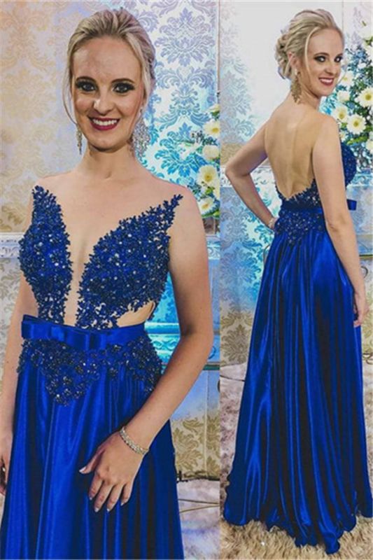 Newest Royal Blue Lace Appliques Prom Dress | Backless Prom Dress