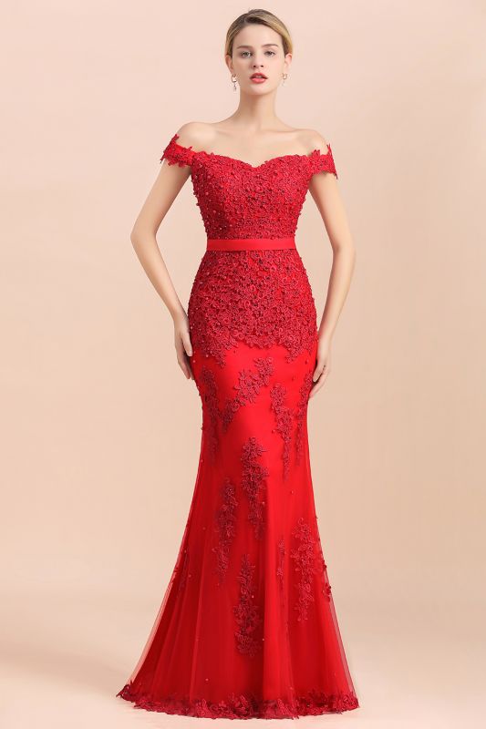 Wunderschönes rotes, schulterfreies Brautjungfernkleid aus Spitze mit Spitze