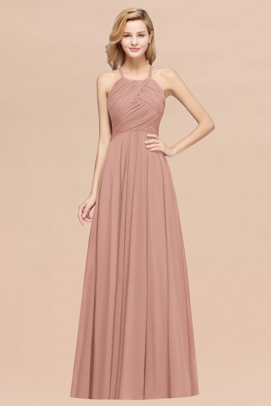 Halter Pleated Bridesmaid Dress Chiffon Sleeveless Floor Length Wedding Guest Dress