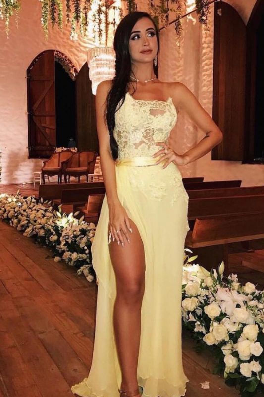 Elegant StraplessProm Dress | Yellow Lace Evening Dress With Slit