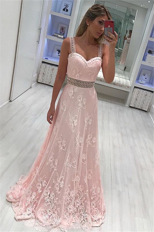 A-line Elegant lace Strape prom dresses