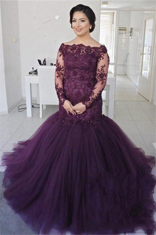 Glamorous Long SleevePlus Size Prom Dress Mermaid Lace Appliques  BA8433
