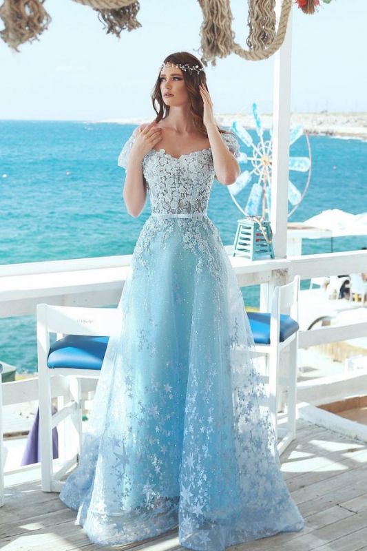 Exquisite A-Line Floral Prom Dresses | Off-The-Shoulder Short Sleeves Beaded Prom Dresses With Bows