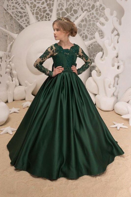 Satin Dark Green Jewel Lace Flower Girl Dresses With Bow| Long Sleeves Floor Length Girl Party Dresses