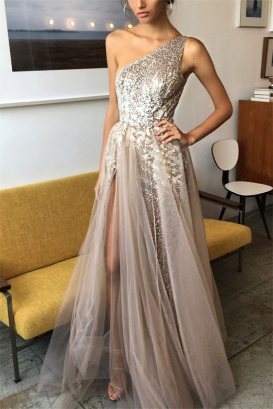 Elegant One Shoulder Tulle Prom DressSequins With Split BA7859