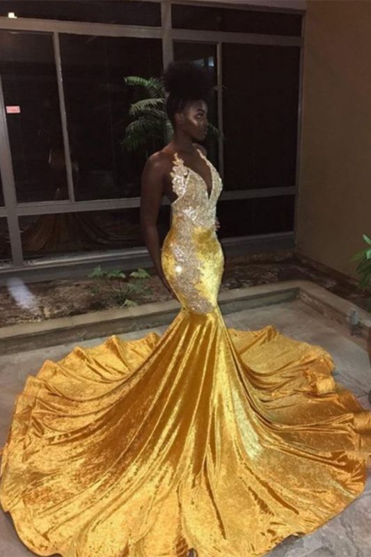 Chic V-Neck Sleeveless Mermaid Appliques Yellow Prom Dress