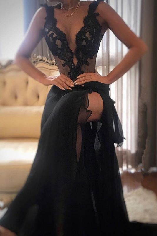 Sexy Black Prom Dress |Lace Evening Gowns With Slit