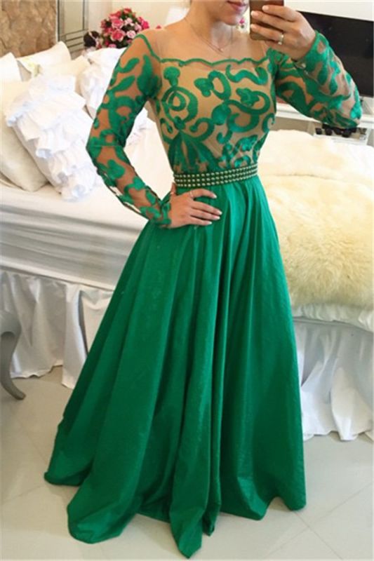 Belle robe de bal verte à manches longuesA-Line avec des perles BT0