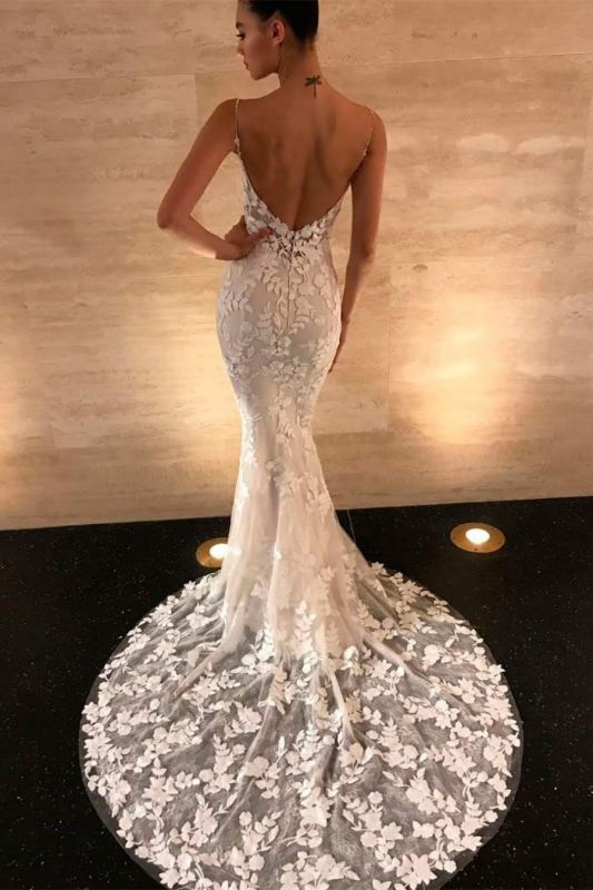 Spaghetti-Trägern V-Ausschnitt Spitze Meerjungfrau Brautkleid rückenfreies bodenlanges Kleid mit Blumenmuster für Frauen