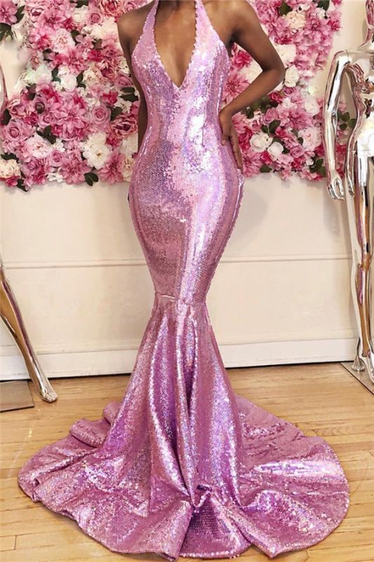 Candy Pink Sequins Mermaid Prom Dresses Cheap Online | V-neck Sleeveless Sexy Long Formal Evening Gowns