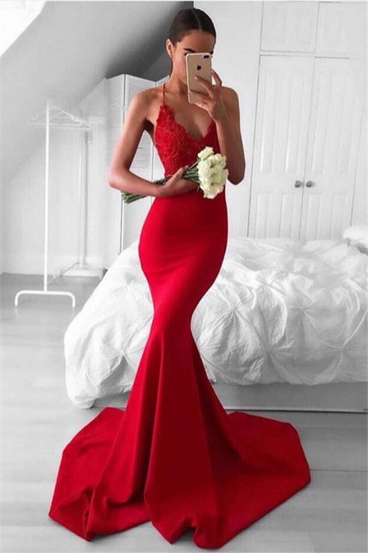 Mermaid Lace Sexy Red V-Neck Long Lace Prom Dress