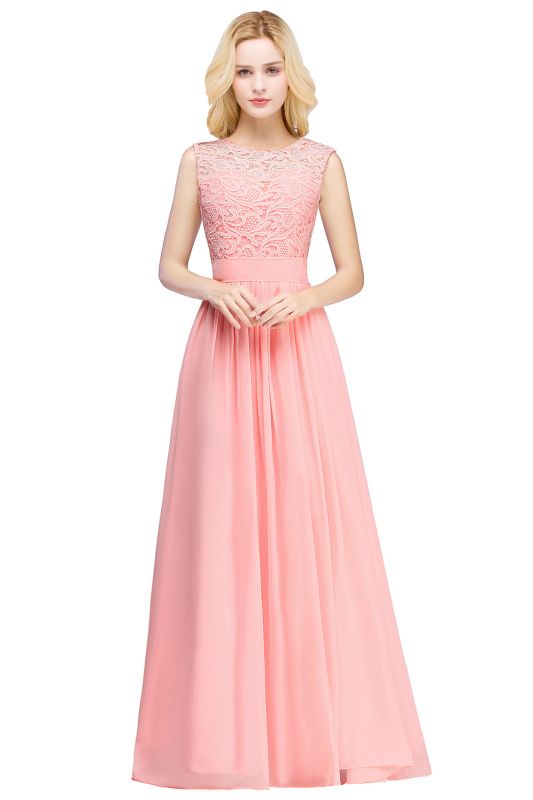 EMELY | Sheath Crew Sleeveless Floor-length Lace Top Chiffon Bridesmaid Dresses