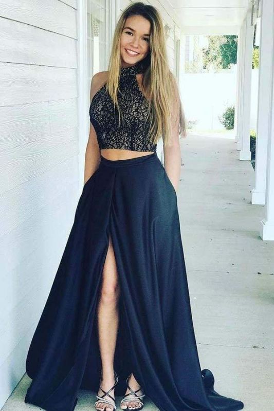 Navy Blue High Neck Prom Dress with Slit Two Piece Sleeveless Formal Dresses