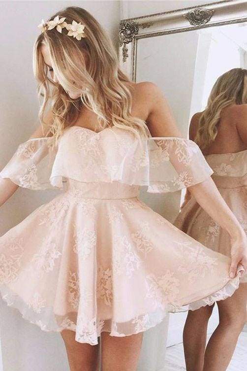 Vestidos de fiesta cortos con hombros descubiertos y encaje de una línea Vestido de fiesta rosa perla