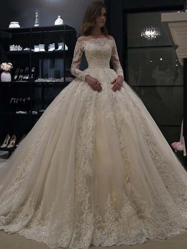 Wunderschöne schulterfreie lange Ärmel ALine Ballkleid Blumenapplikationen Brautkleid