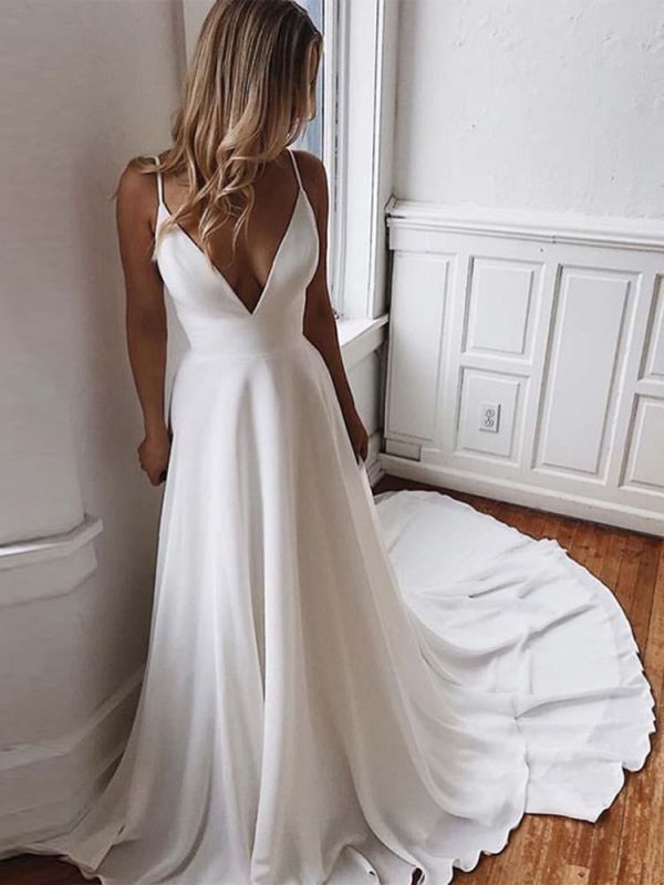 Simple Spaghetti-Strap V-Neck Sweep Train Ruffles Wedding Dresses