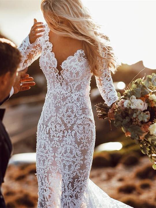 Long Sleeve Floral Lace Backless Mermaid Wedding Dresses