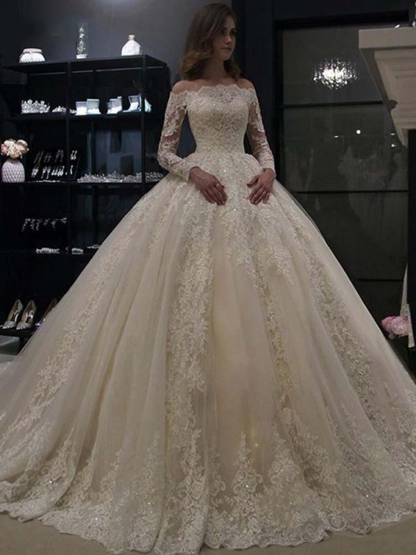 Gorgeous Off Shoulder Long Sleeves ALine Ball Gown Floral Appliques Bridal Dress