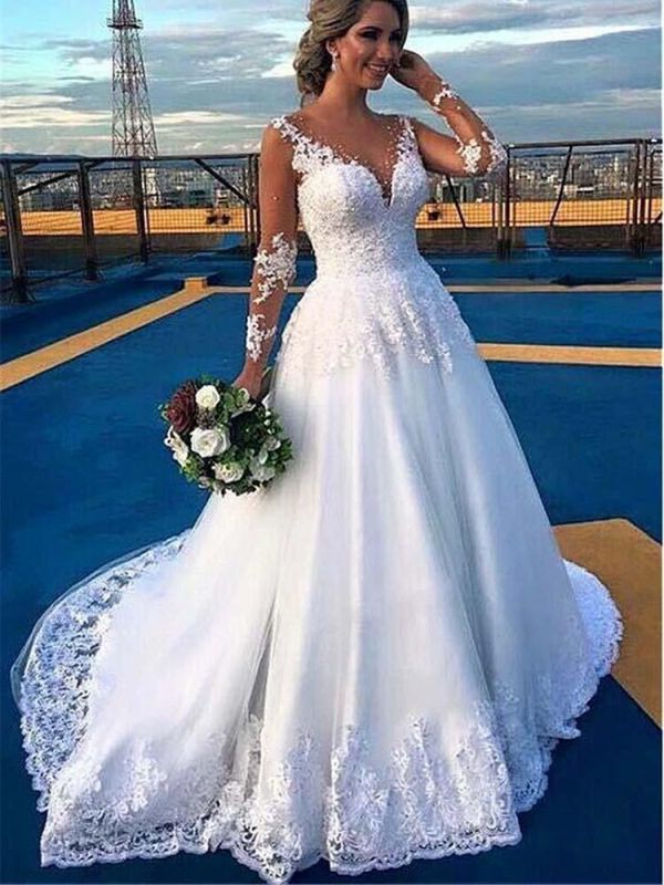 Stylish V-Neck Lace Appliques Aline Wedding Gown Long Sleeves Bridal Dress