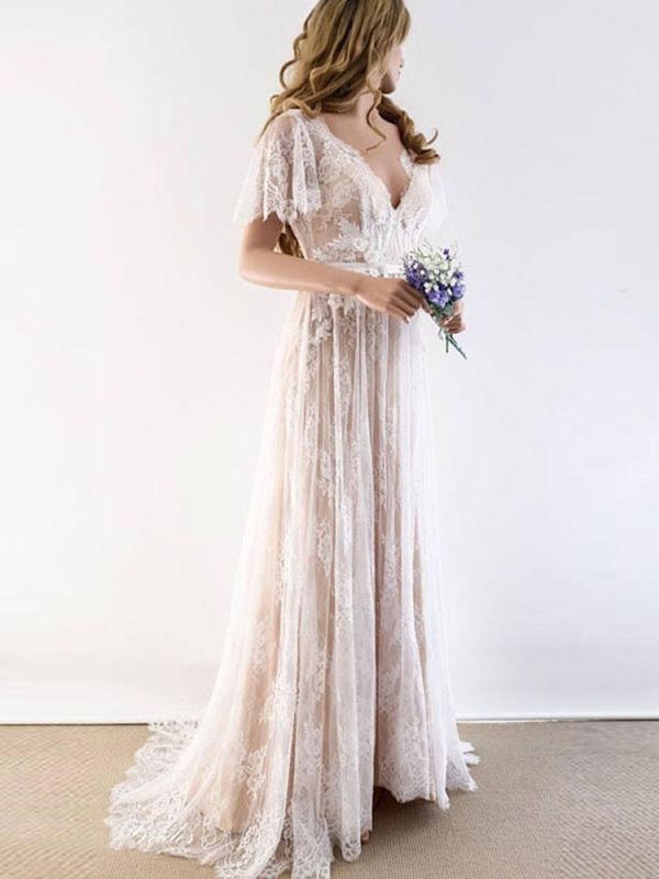 Lace Half Sleeves Boho Wedding Dress Chic Beach Bridal Gowns