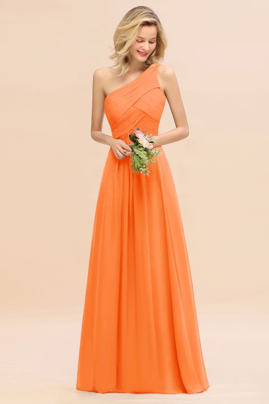 Elegant Ruched Chiffon One Shoulder Bridesmaid Dress Long Sleeveless Evening Dress