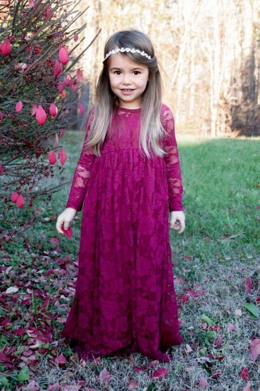 Cute Fuchsia Sleeves Long Flower Lace Girl Dresses