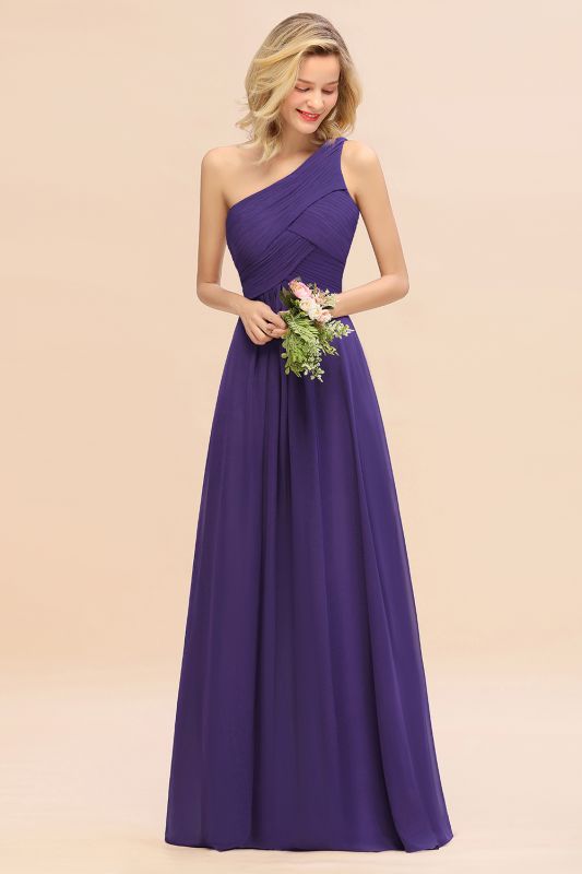Elegant Ruched Chiffon One Shoulder Bridesmaid Dress Long Sleeveless Evening Dress