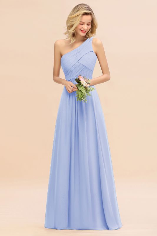 Elegant Ruched Chiffon One Shoulder Bridesmaid Dress Long Sleeveless Evening Dress