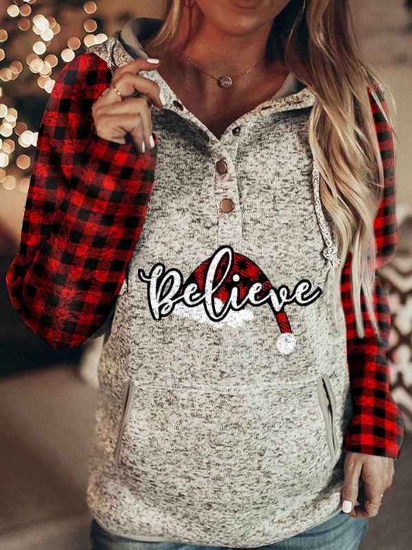 Christmas Hoodies for Women Believe Print Long Sleeve Sweatshirt