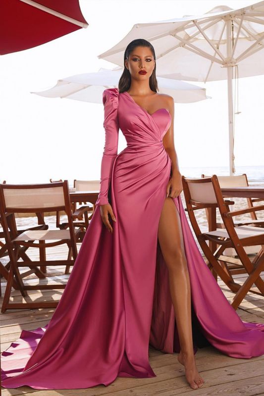 Sexy one shoulder satin prom gown side split party dress