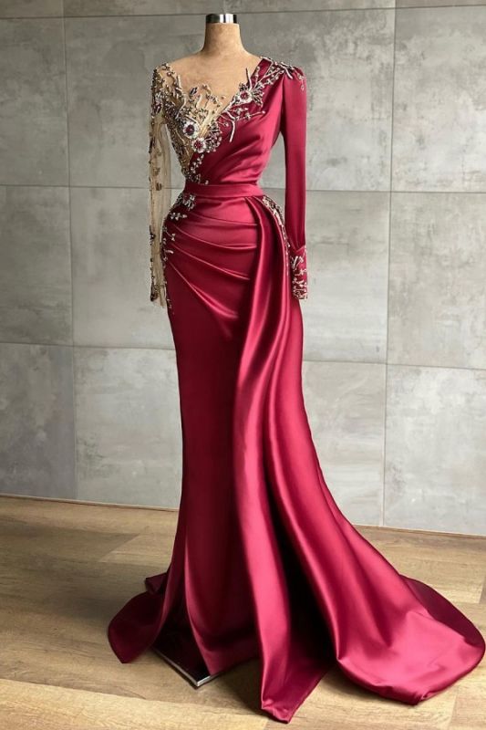 Superbes robes de bal en satin bordeaux avec train à balayage latéral | Robe de soirée sirène à manches longues