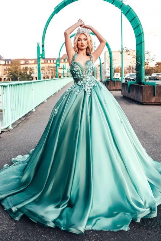 Charming Aline Halter Mint Green Ball Gown 3D Floral Deep V-Neck Wedding Dress